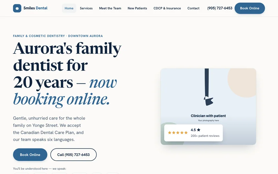 The Smiles Dental Aurora homepage: a calm off-white page with a serif headline and a blue booking button.