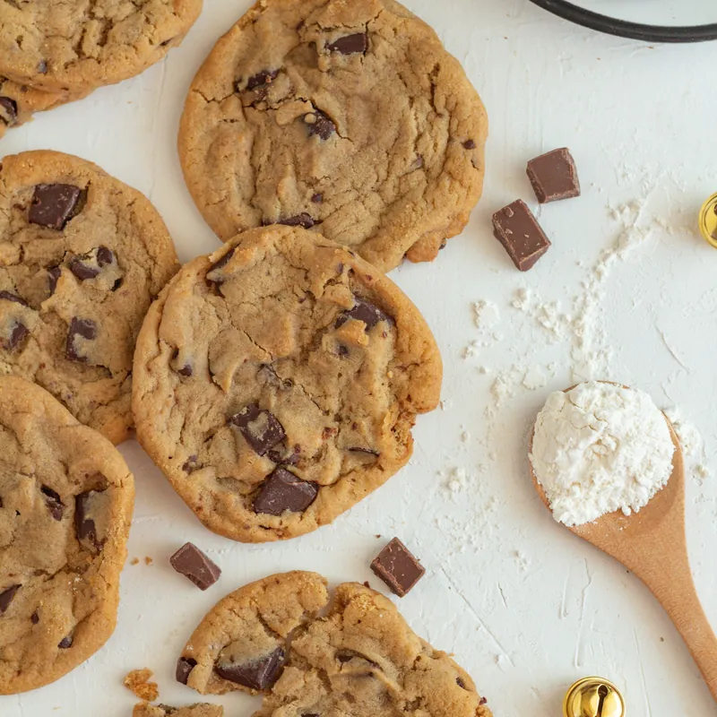 Chocolate chip cookies on a floured counter